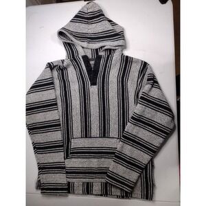 Retro Baja‎ Hoodie Pullover Long Sleeve Black White Striped Men's Size L